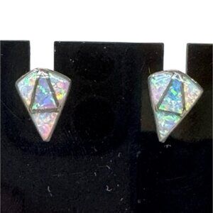 Vintage Geometric Opal Mosaic Stud Earrings Sterling Silver Triangle Pierced